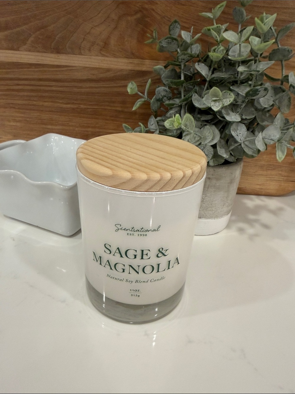 Scentuational Sage & Magnolia Soy Candle with Wooden Lid - White